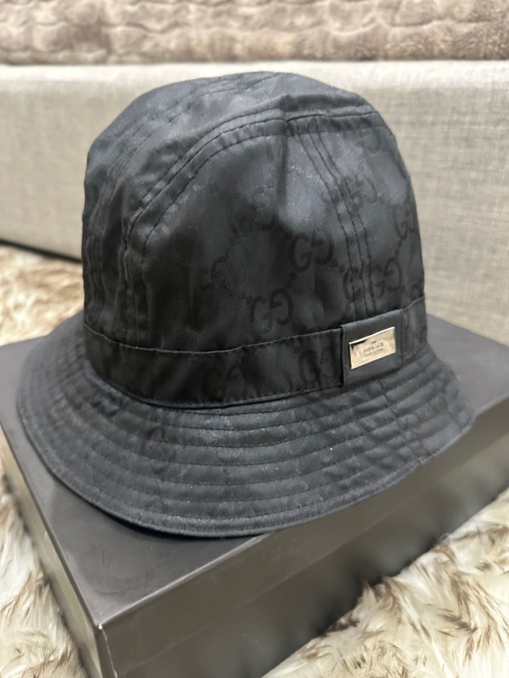 GUCCI Black GG Monogram Bucket Rain Hat with silver Plaque & hat bag.
